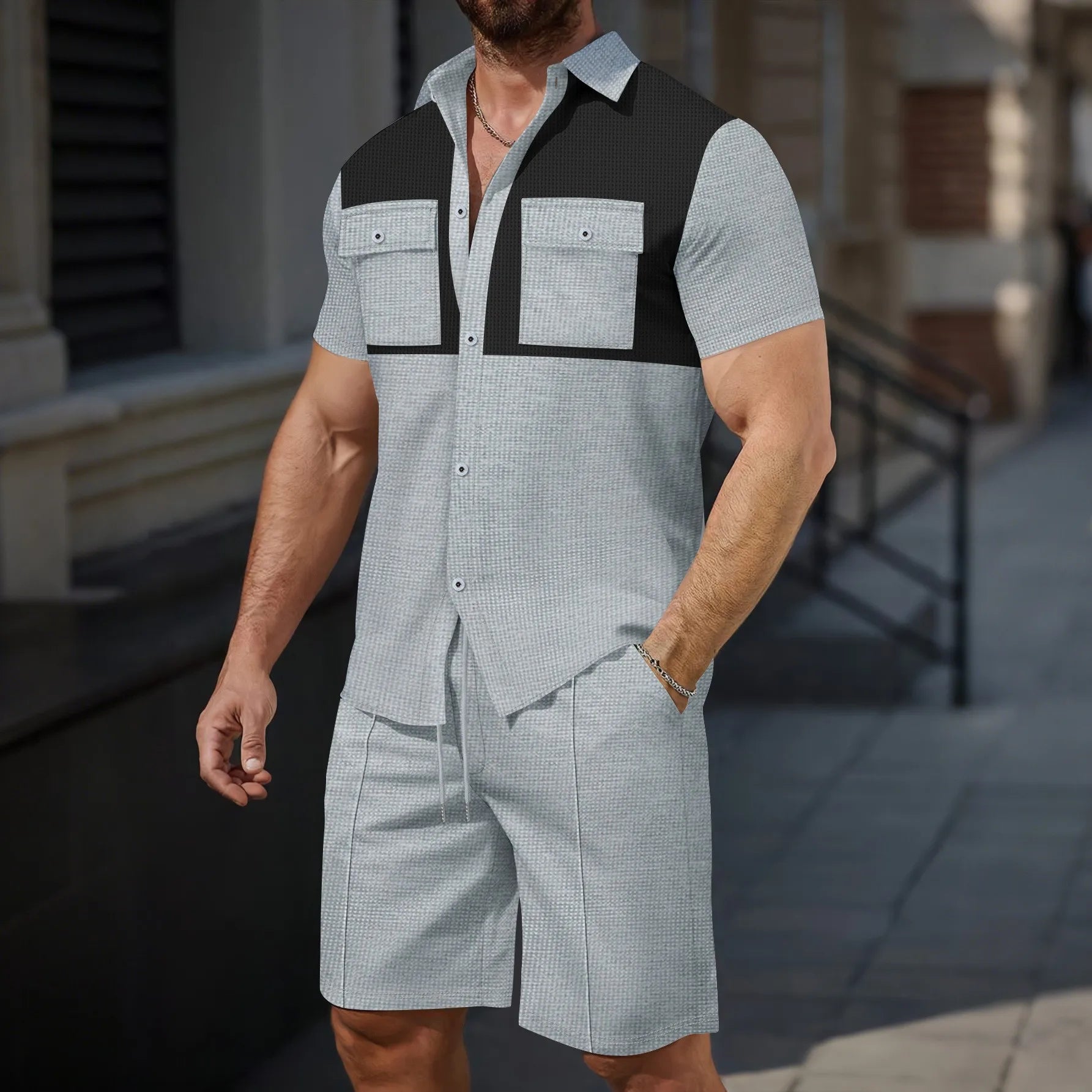 Men’s Two Tone Shirt and Shorts Set – Casual Patchwork Summer Outfit