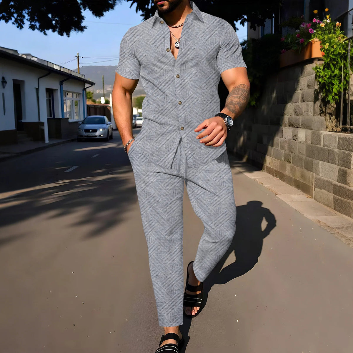 Men’s Linen Button Up Shirt and Pants Set – Casual Summer Outfit