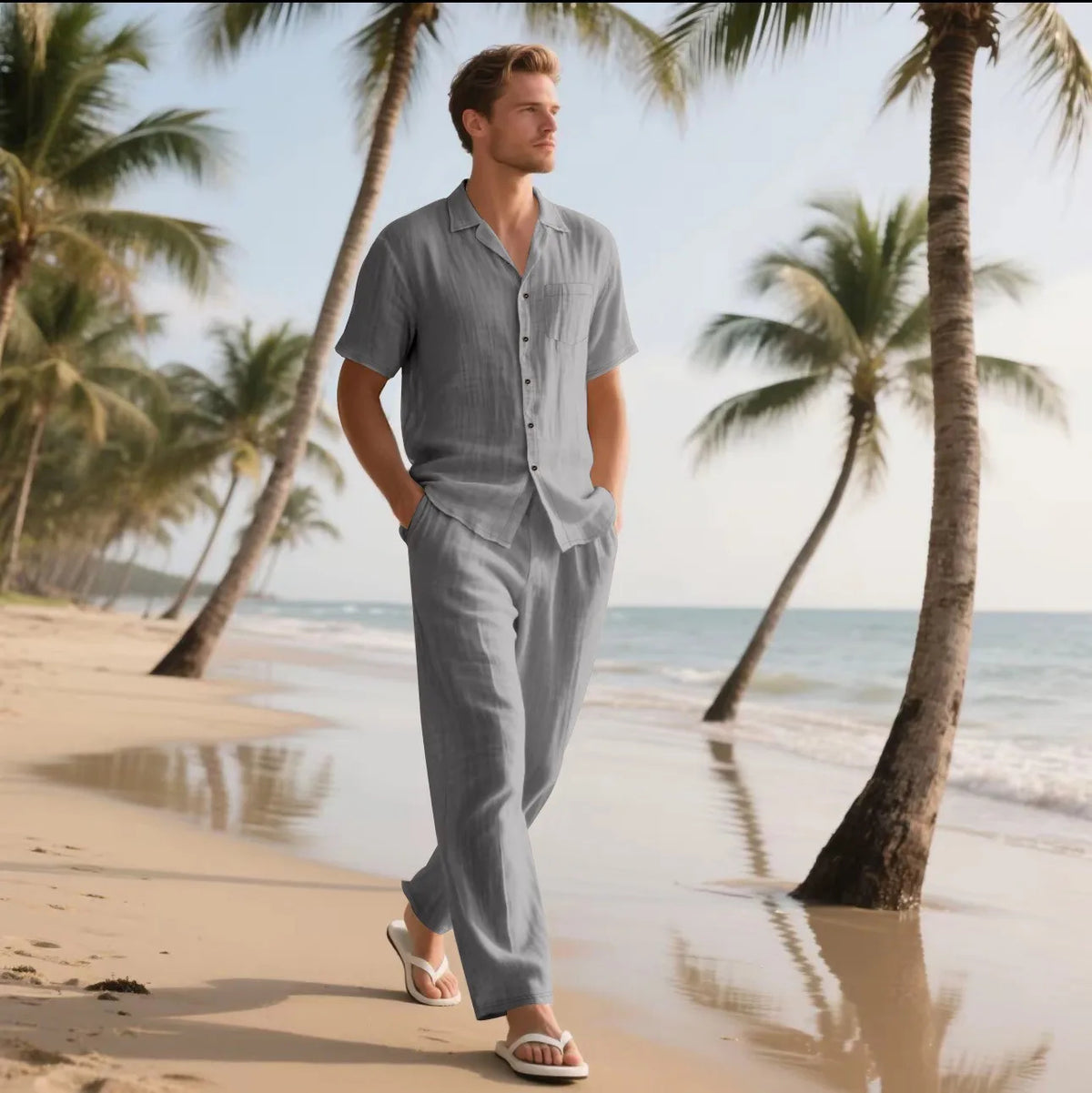 Men’s Linen Shirt and Pants Set – Casual Summer Beach Outfit