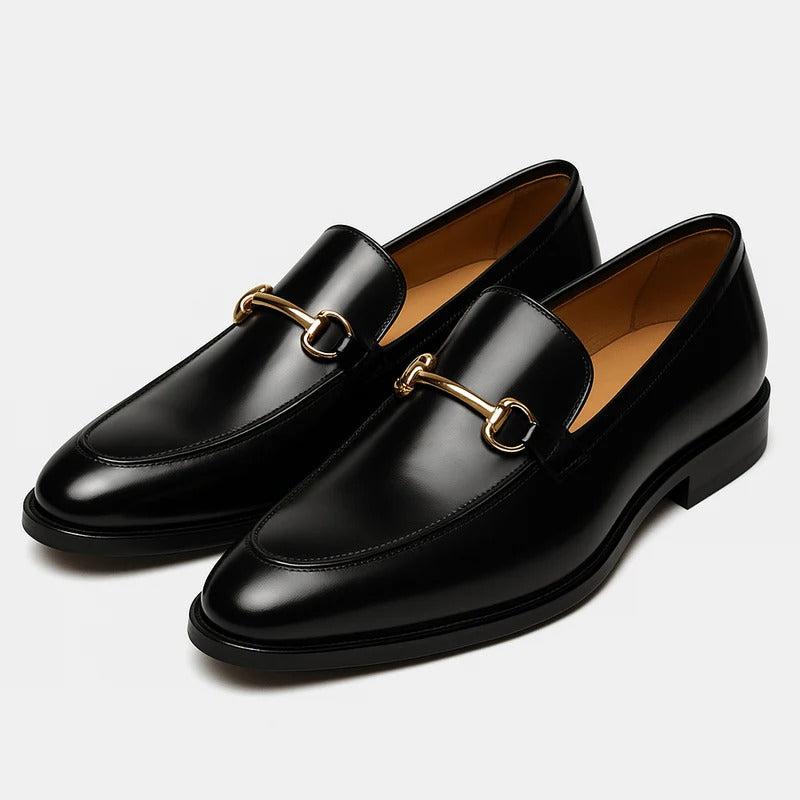 The Caernarfon Men's Black Leather Horsebit Foral Loafers