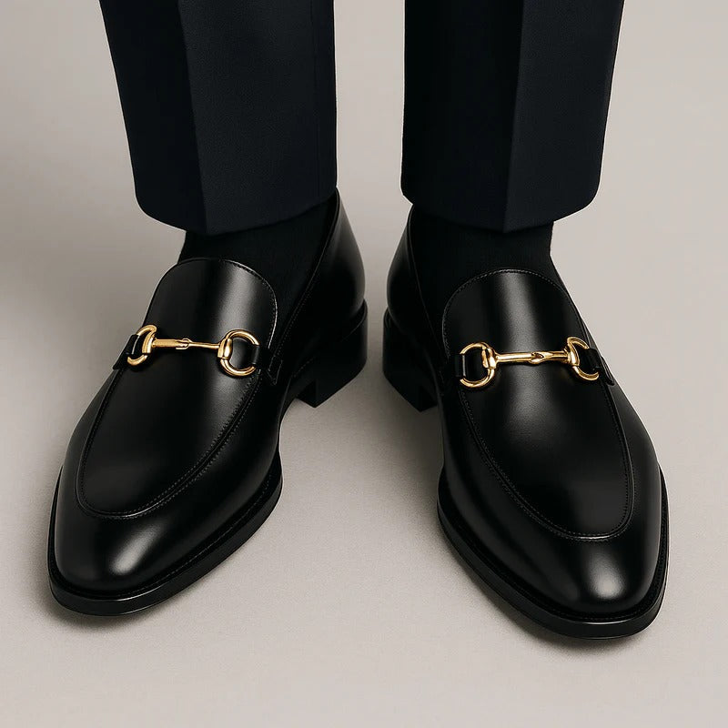 The Caernarfon Men's Black Leather Horsebit Foral Loafers