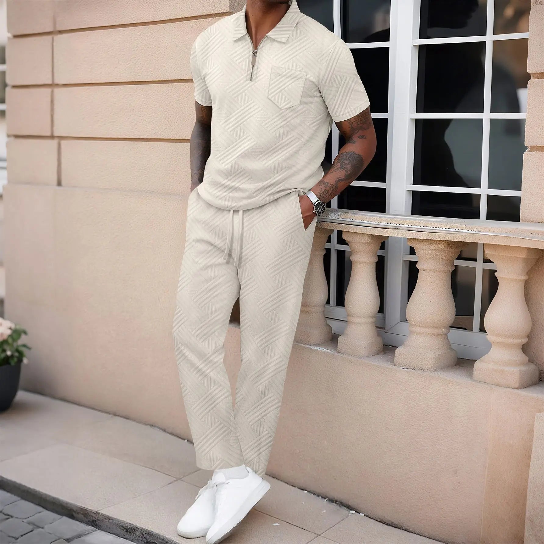 Men’s Textured Polo Shirt and Pants Set – Casual Summer Outfit