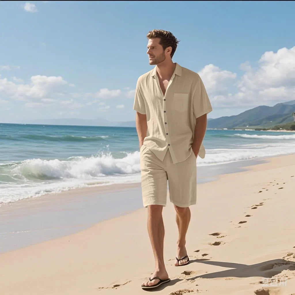 Men’s Linen Shirt and Shorts Set – Trendy Summer Beach Outfit