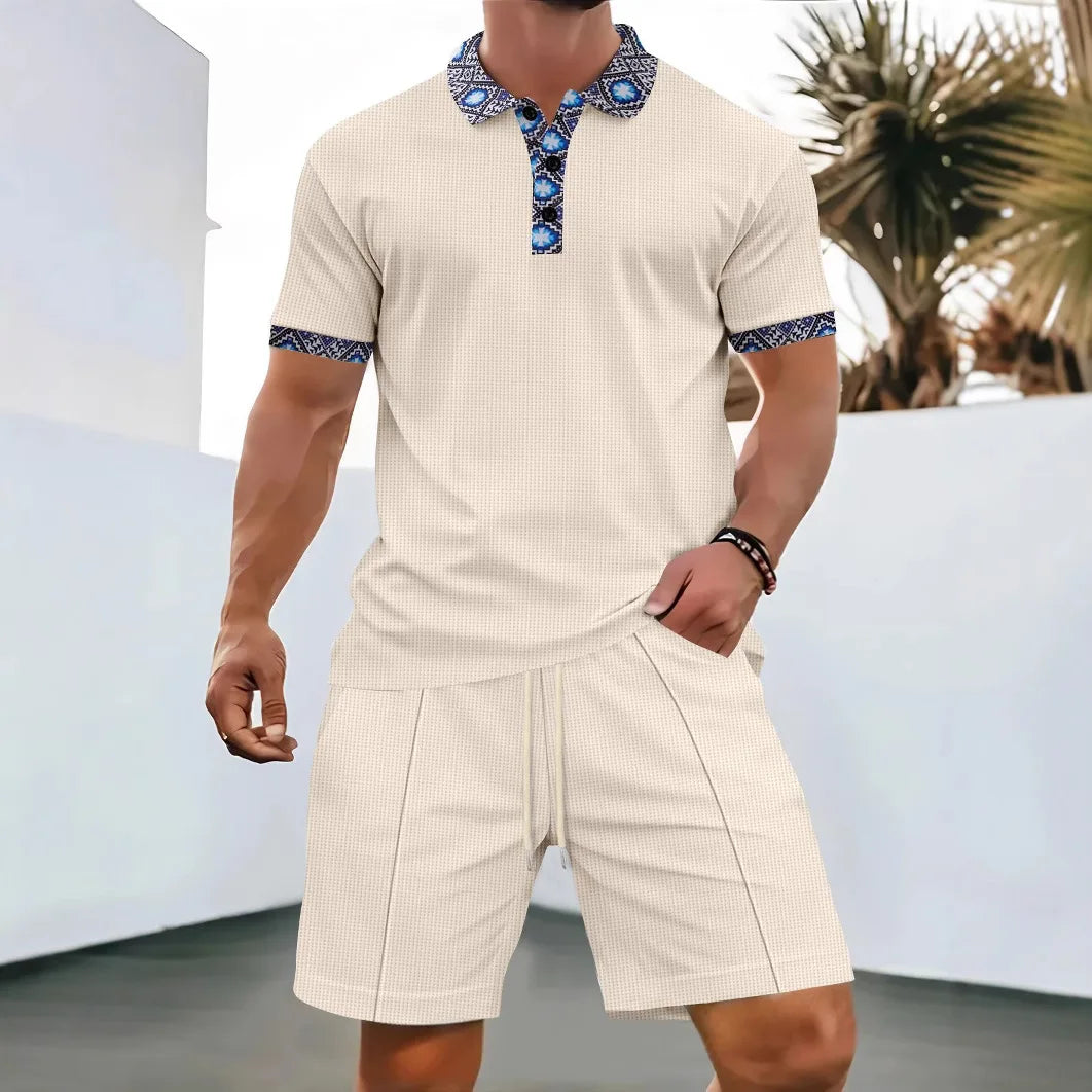 Men’s Printed Collar Polo and Shorts Set – Casual Summer Outfit