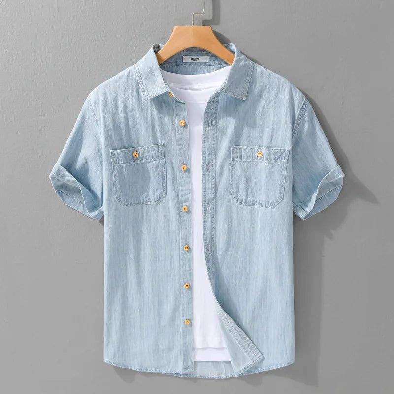 Men’s Short Sleeve Denim Shirt Casual Summer Button Down