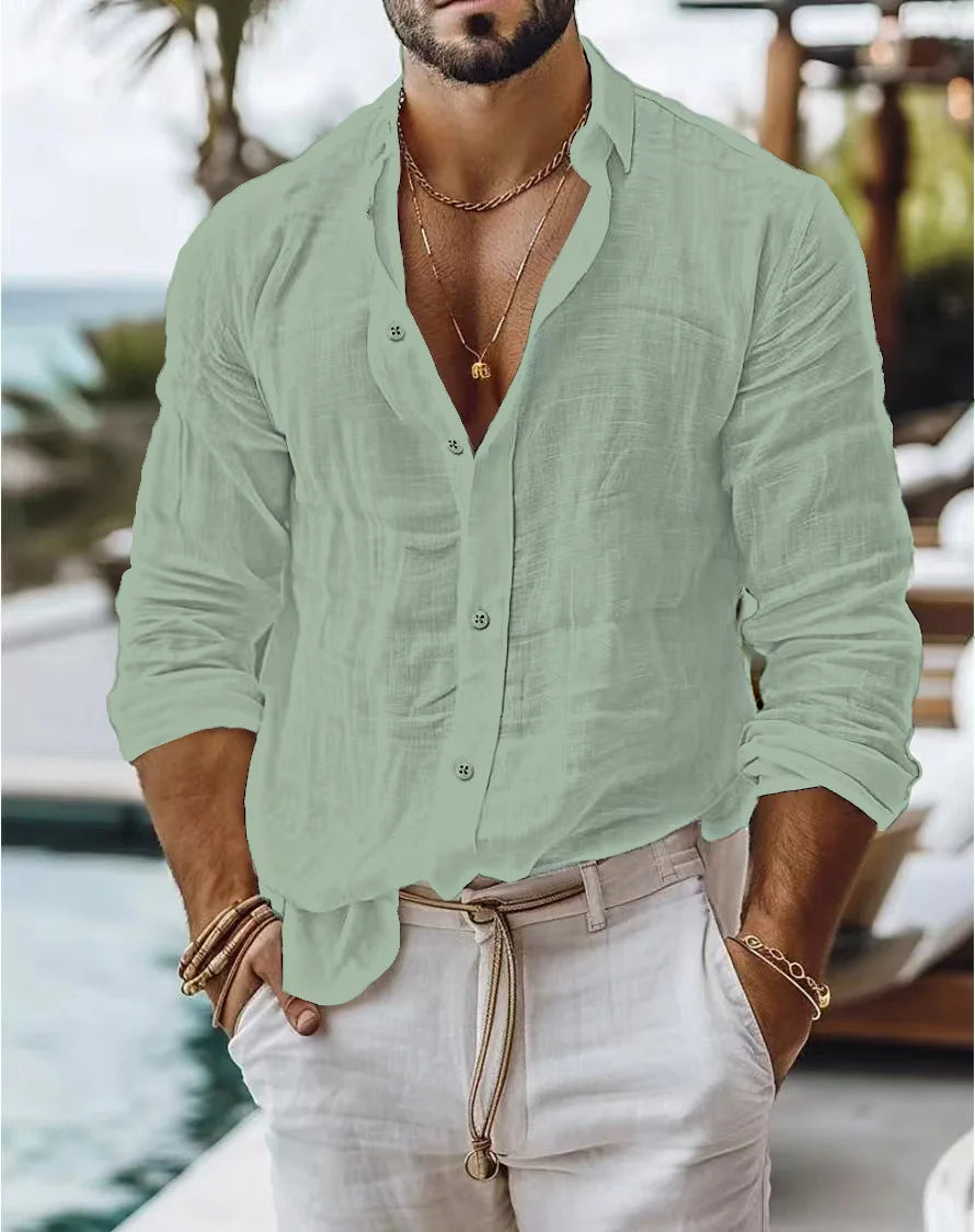 Men’s Breathable Linen Shirt – Casual Long Sleeve Summer Beach Top