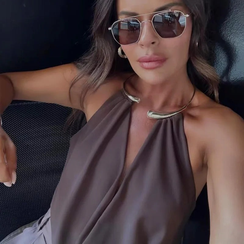 Halter Bodysuit – Sleeveless Draped Open Back Top