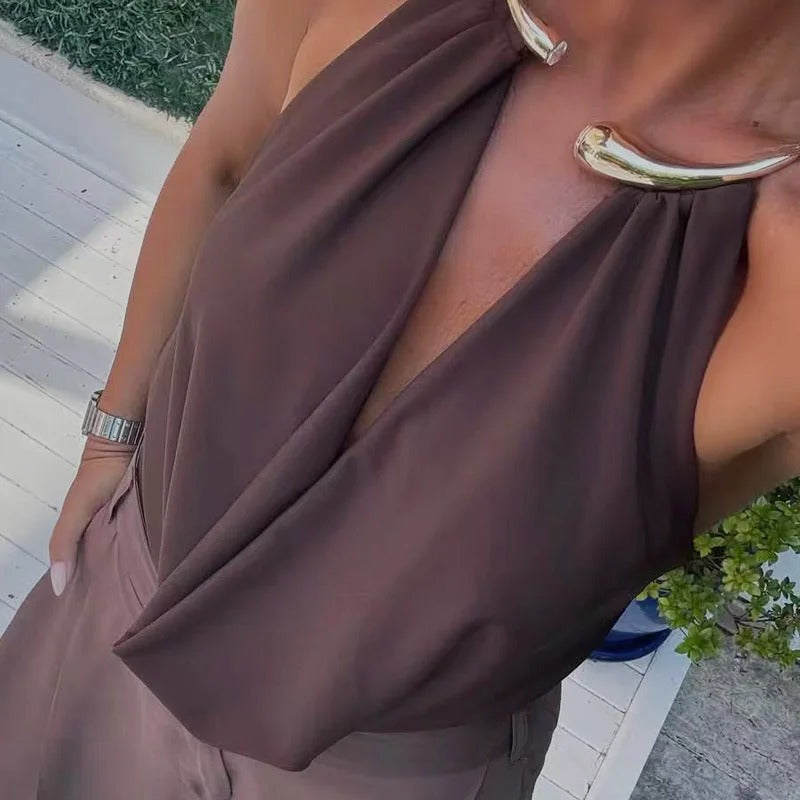 Halter Bodysuit – Sleeveless Draped Open Back Top