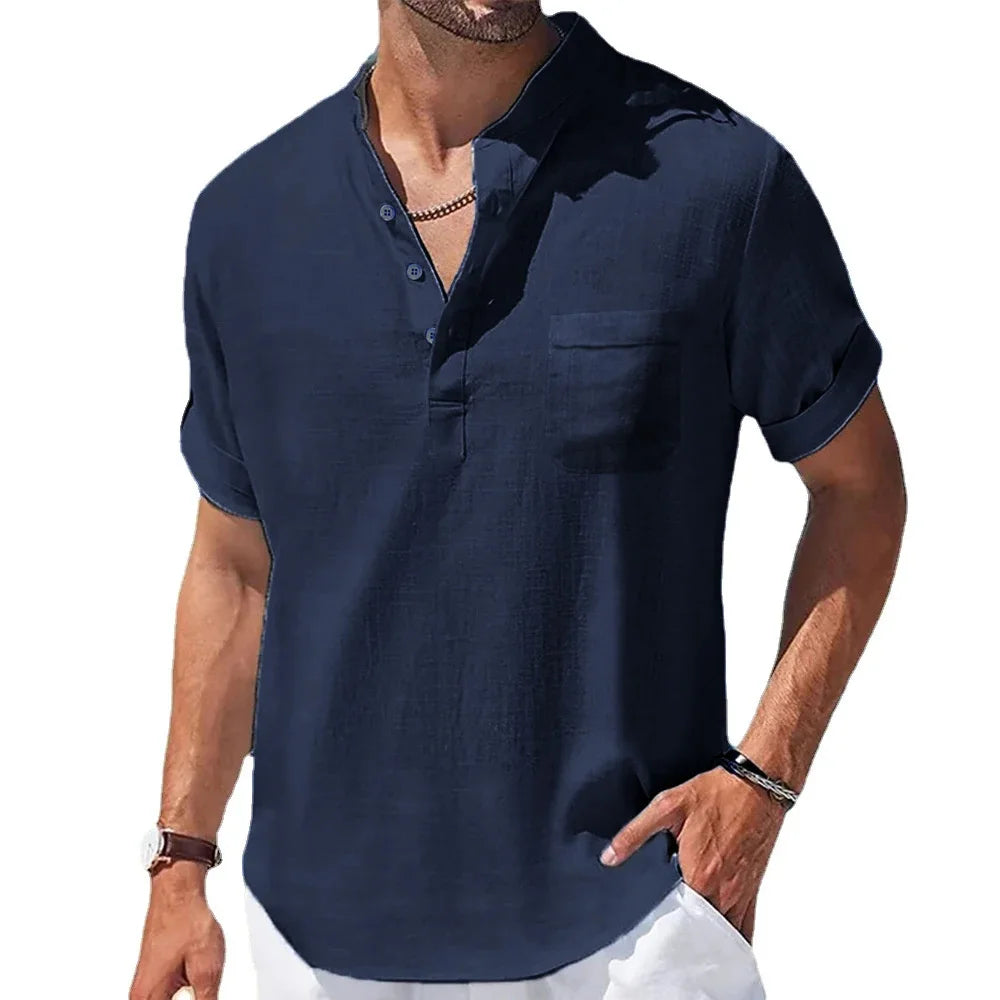Men’s Stylish Linen Shirt – Casual Short Sleeve Henley Summer Top