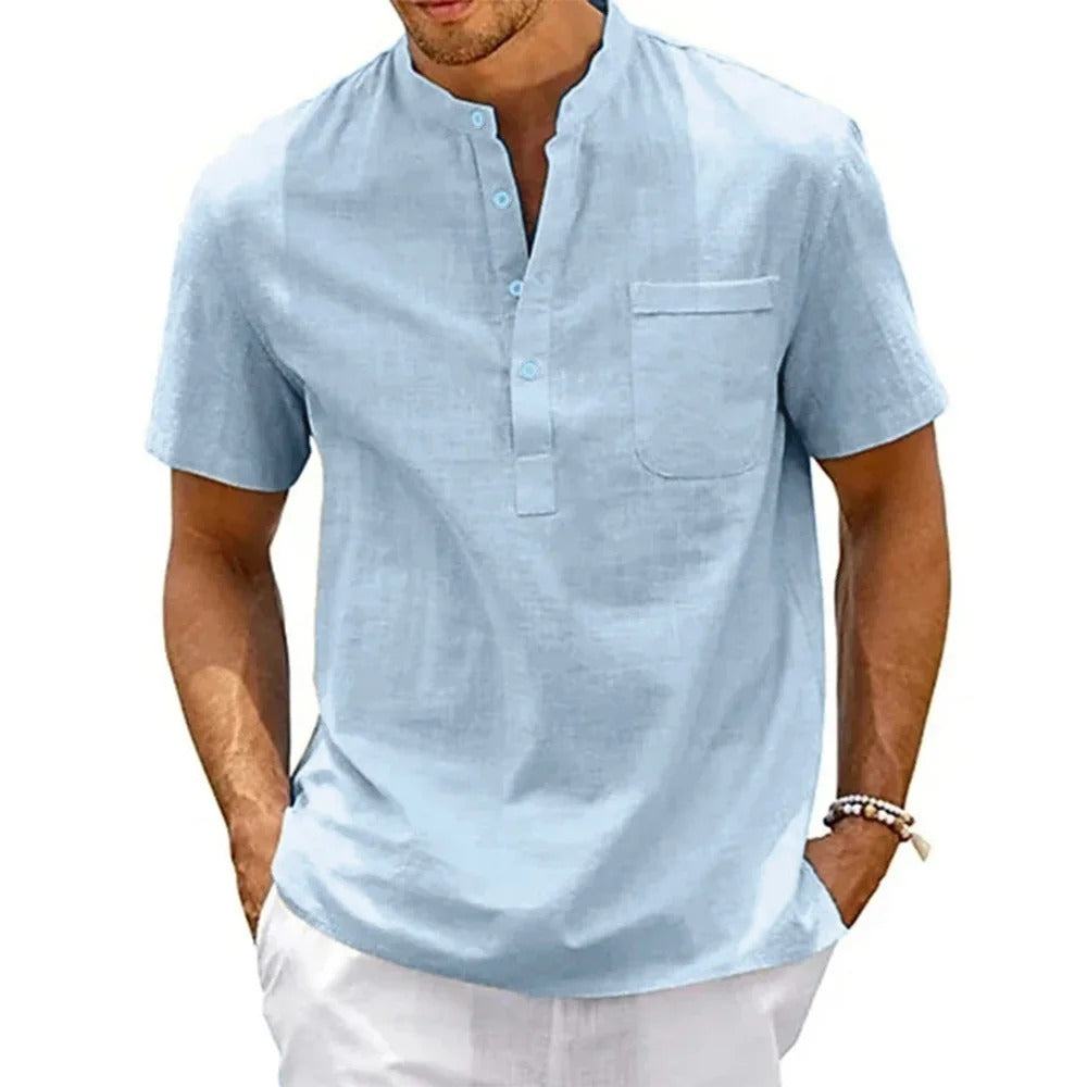Men’s Cotton Linen Henley Shirt – Summer Button Neck Light Breathable Top