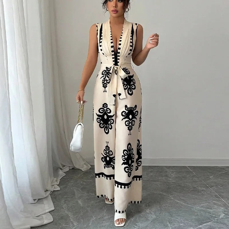 Apricot Belted Wide Leg Jumpsuit – Sleeveless Printed One Piece Outfit
