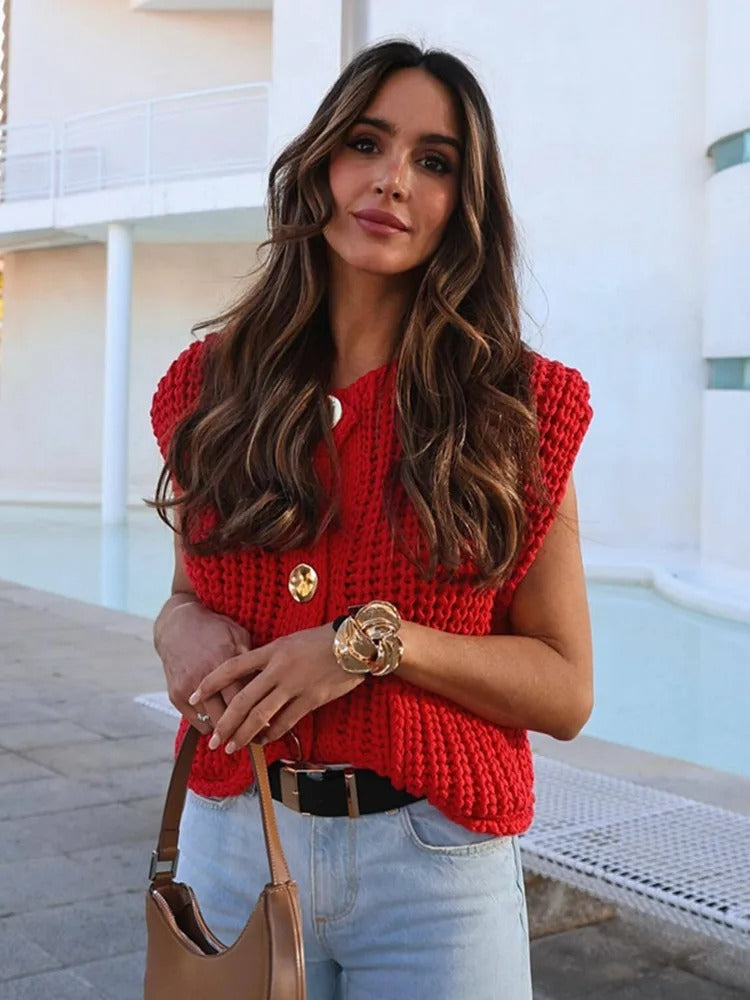 Knit Button Vest – Sleeveless Cropped Sweater Top