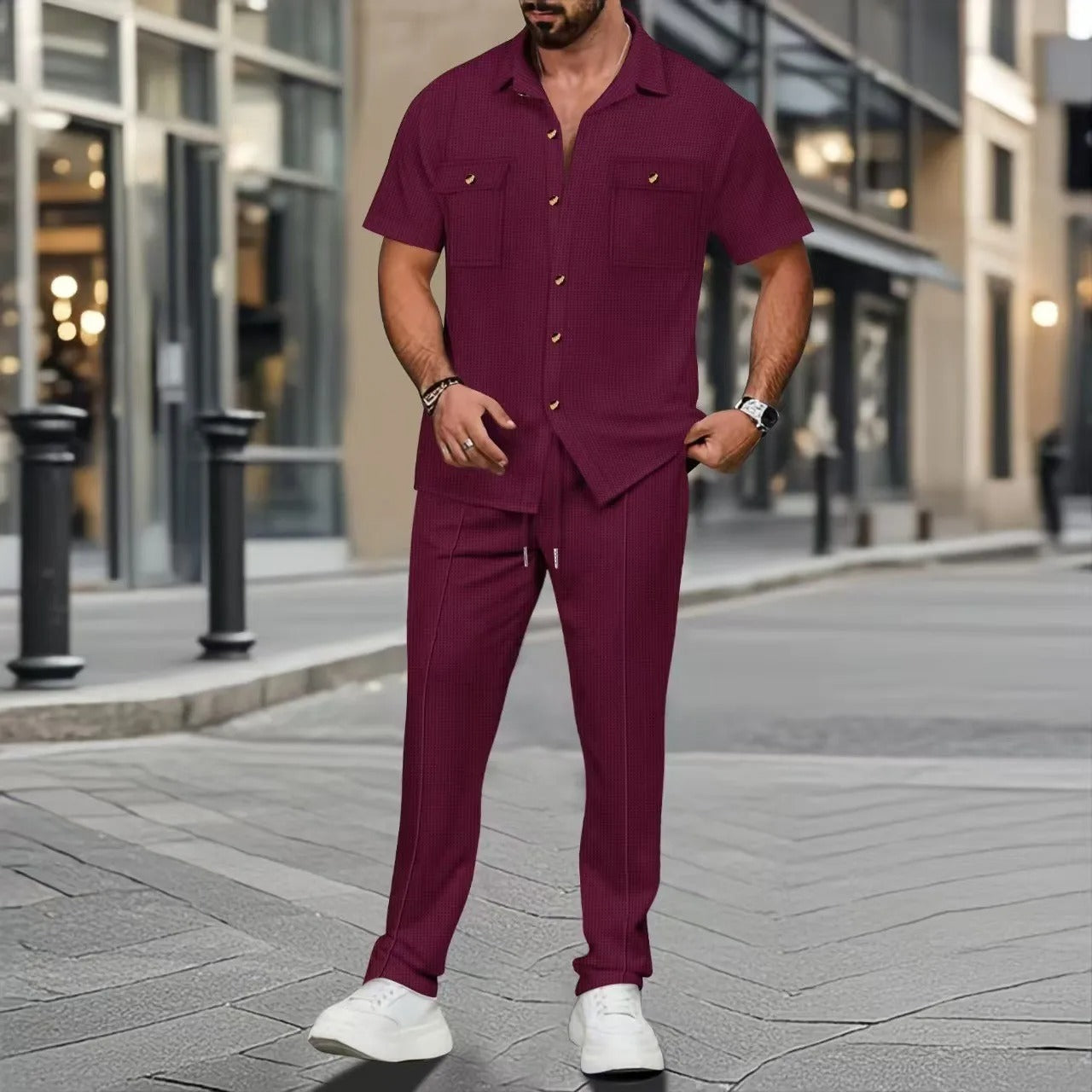 Men’s Casual Two Piece Set – Short Sleeve Button Shirt & Trousers