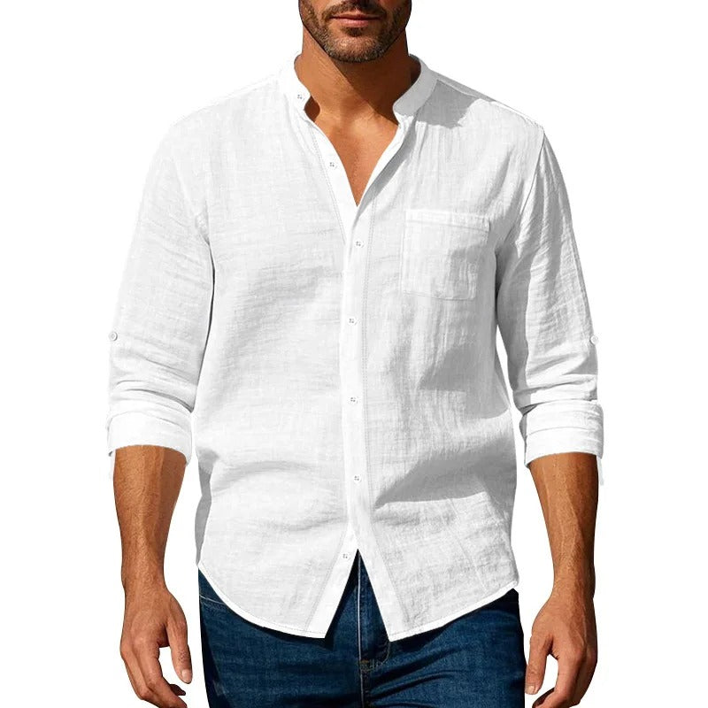 Men’s Linen Long Sleeve Shirt – Casual Button Up with Pocket