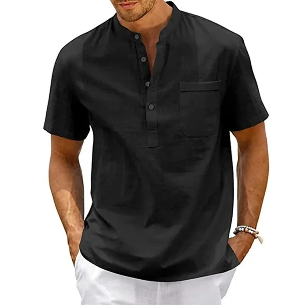 Men’s Cotton Linen Henley Shirt – Summer Button Neck Light Breathable Top
