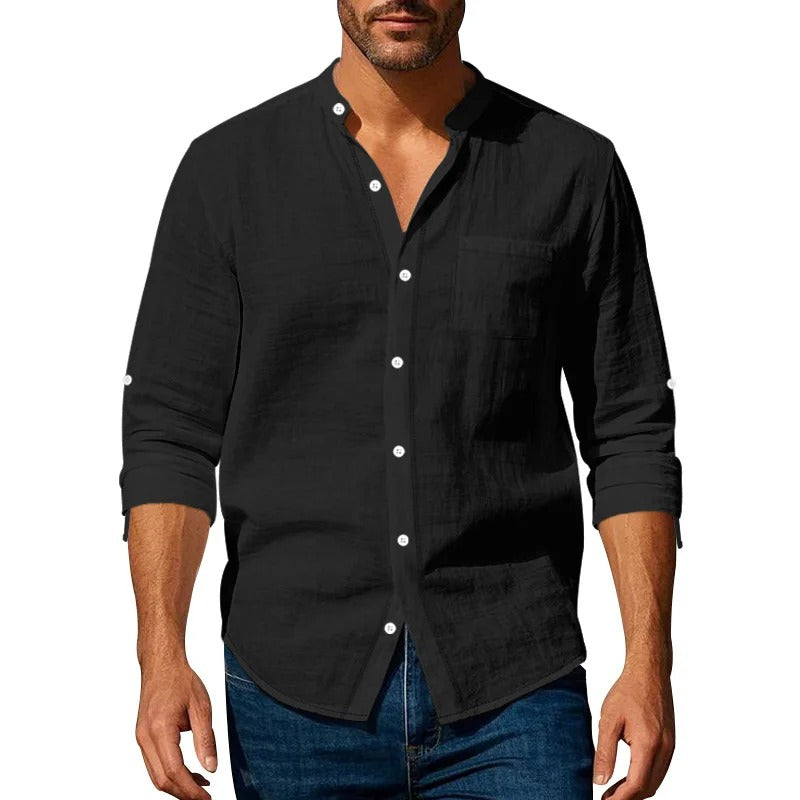 Men’s Linen Long Sleeve Shirt – Casual Button Up with Pocket