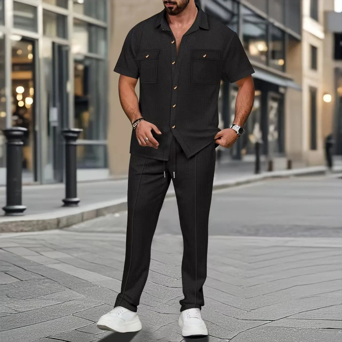 Men’s Casual Two Piece Set – Short Sleeve Button Shirt & Trousers