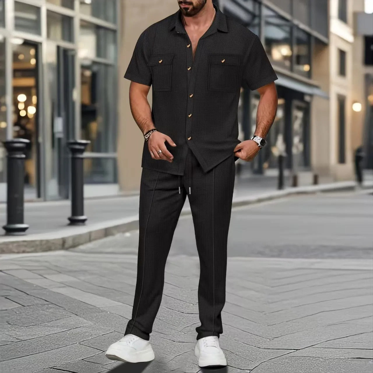 Men’s Casual Two Piece Set – Short Sleeve Button Shirt & Trousers