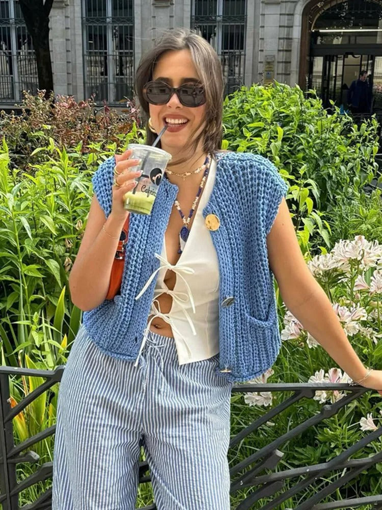 Knit Button Vest – Sleeveless Cropped Sweater Top