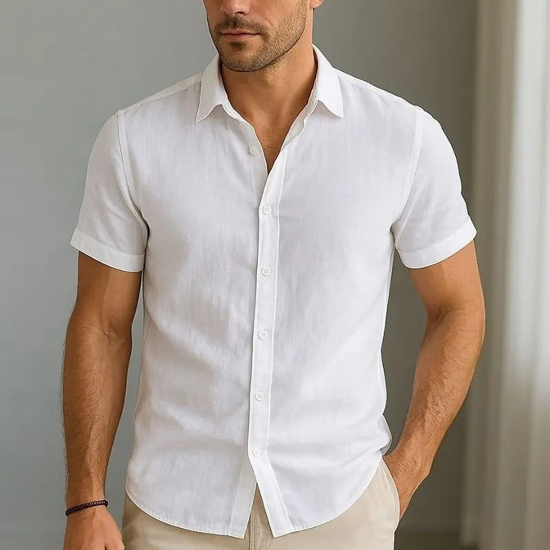Men’s Cotton Linen Shirt – Short Sleeve Button Up Beach Top