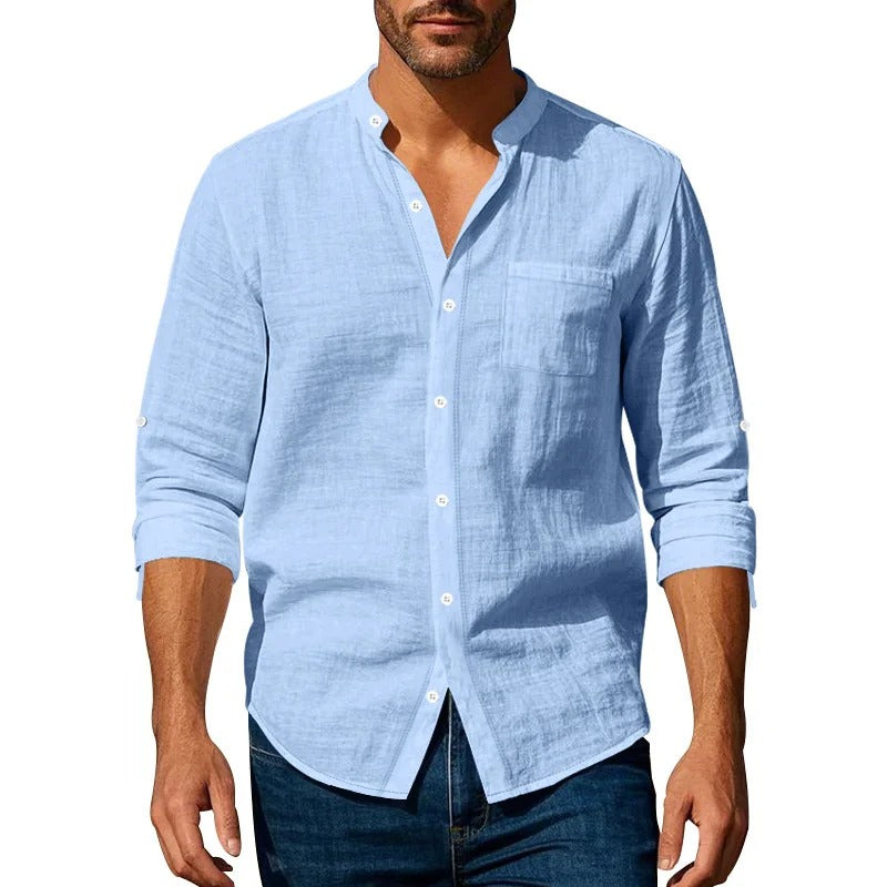 Men’s Linen Long Sleeve Shirt – Casual Button Up with Pocket