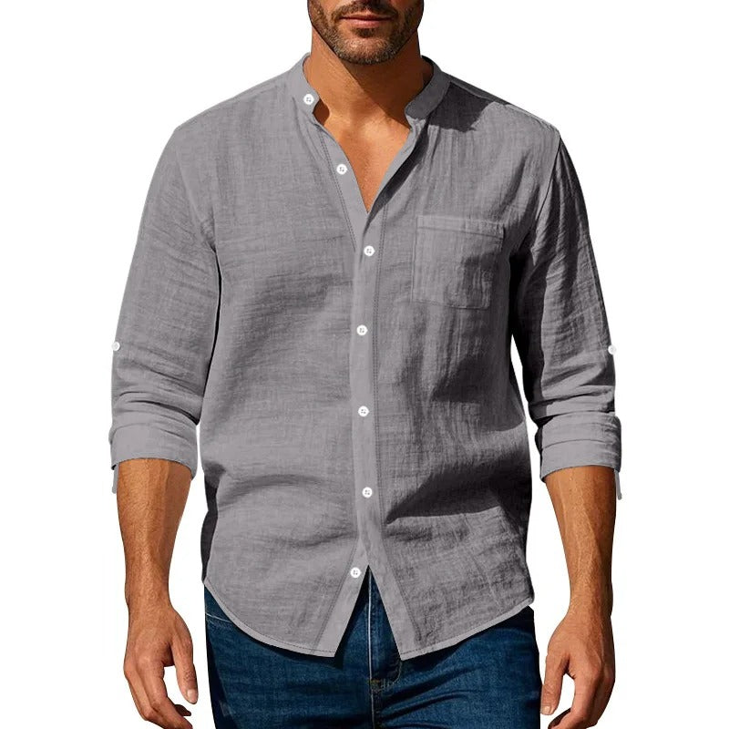 Men’s Linen Long Sleeve Shirt – Casual Button Up with Pocket