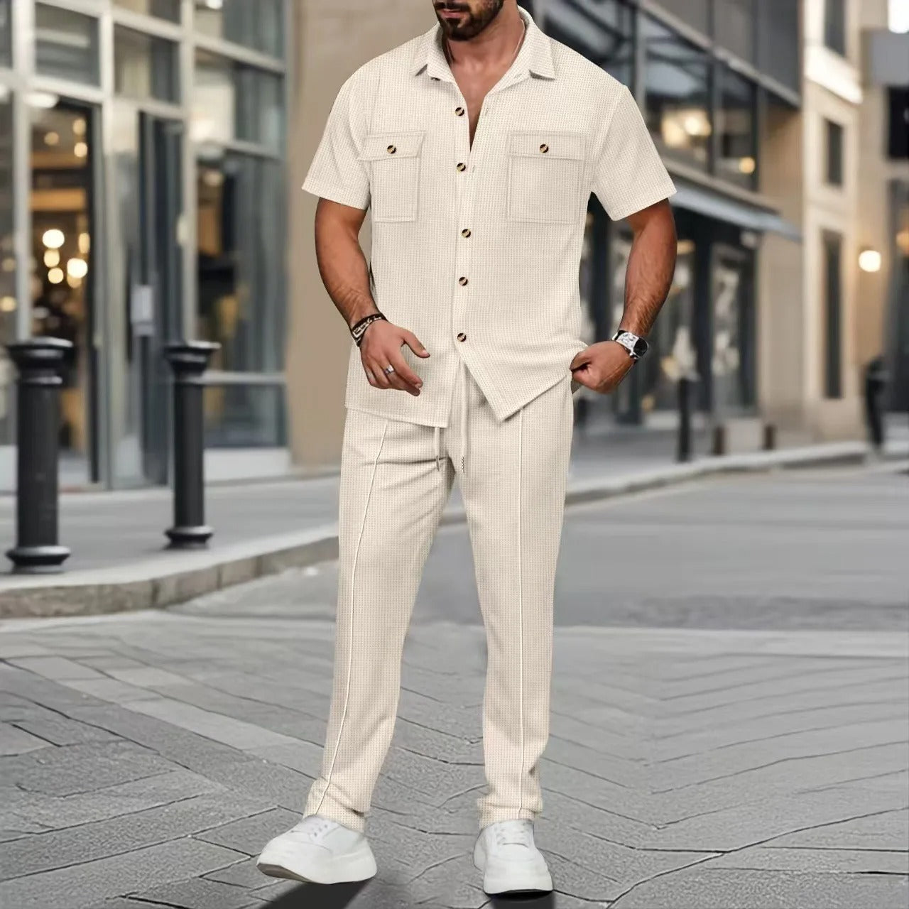 Men’s Casual Two Piece Set – Short Sleeve Button Shirt & Trousers