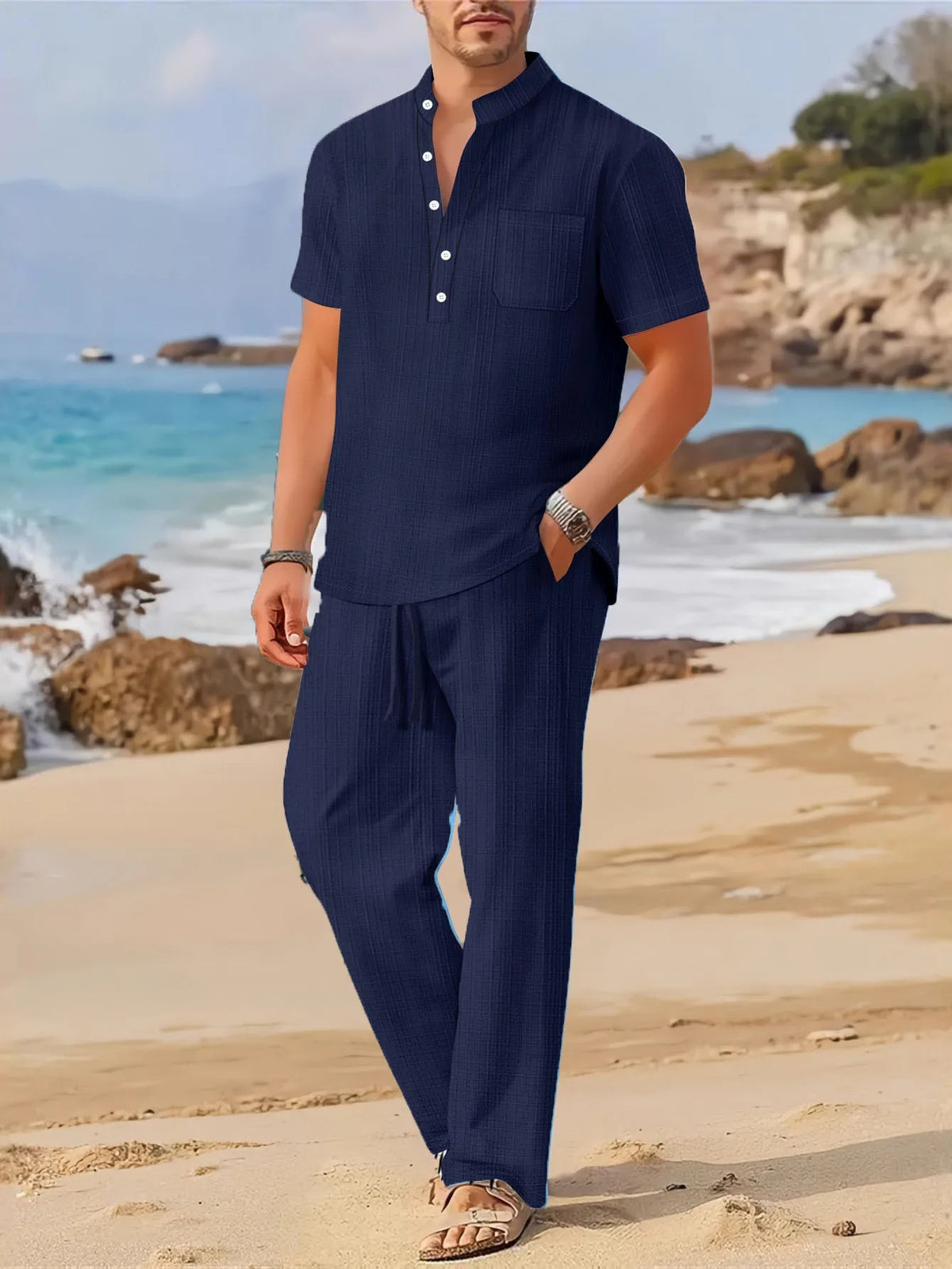 Men’s Beach Outfit Set – Short Sleeve Top and Relaxed Pants