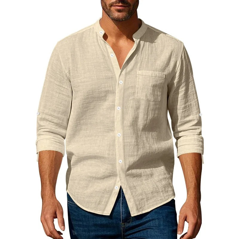 Men’s Linen Long Sleeve Shirt – Casual Button Up with Pocket