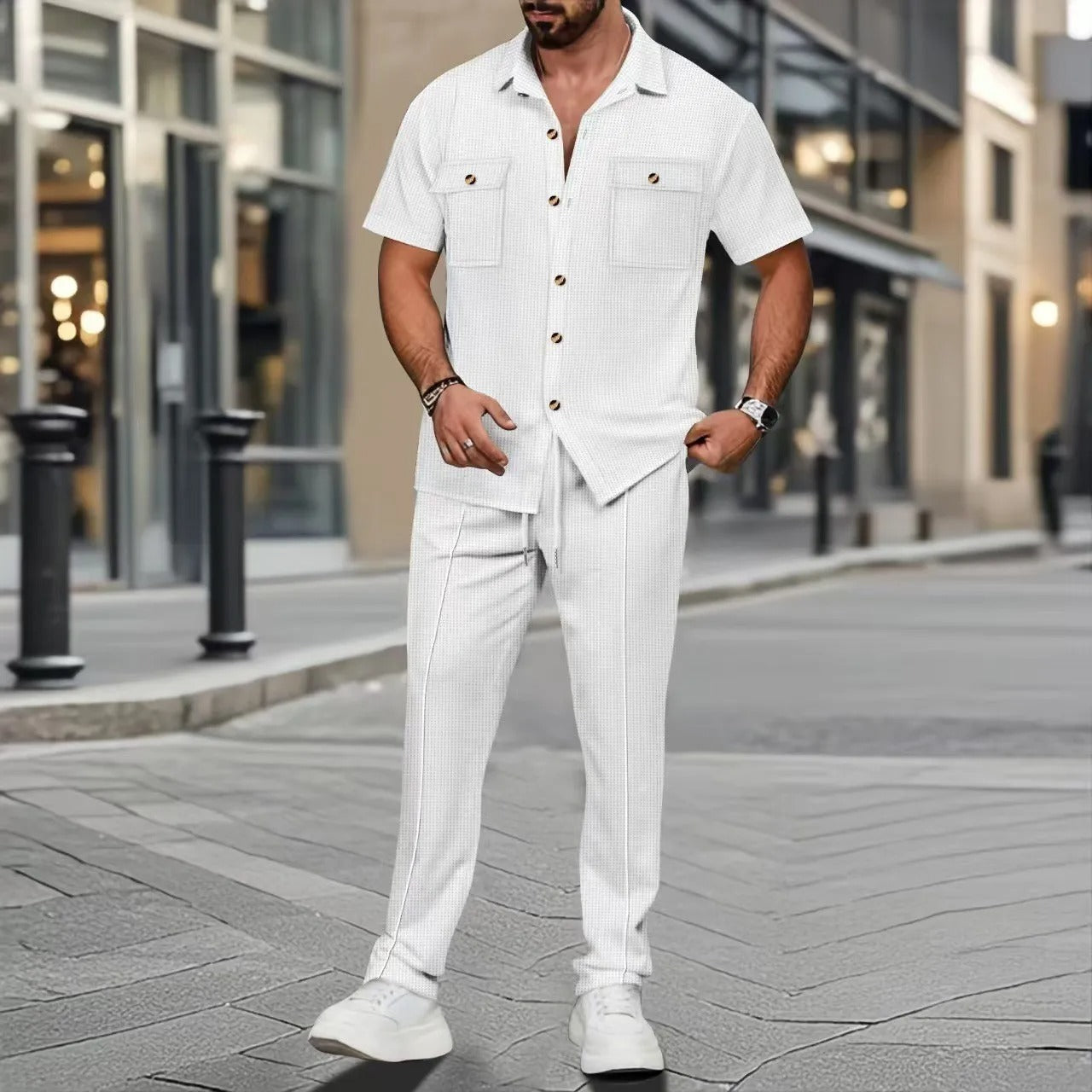 Men’s Casual Two Piece Set – Short Sleeve Button Shirt & Trousers