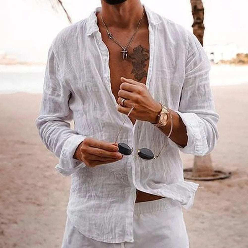 Men’s Beach Linen Shirt – Casual Long Sleeve Summer Top