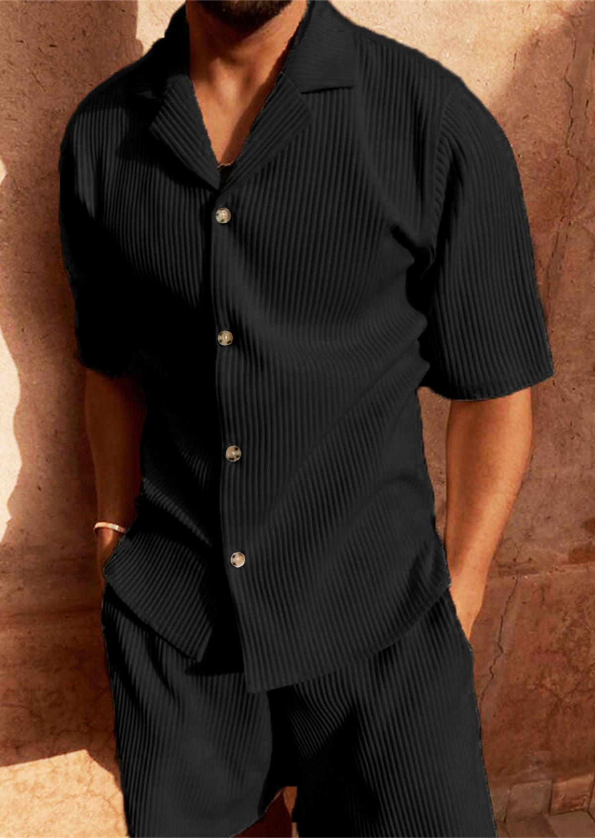 Men’s Breathable Pleated Set – Shirt &amp; Drawstring Shorts