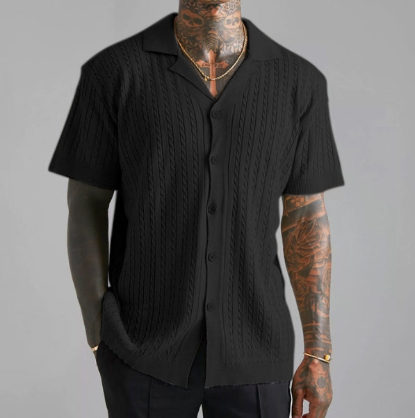 Men’s Cable Knit Short Sleeve Button Up Shirt – Lightweight Summer Knitwear