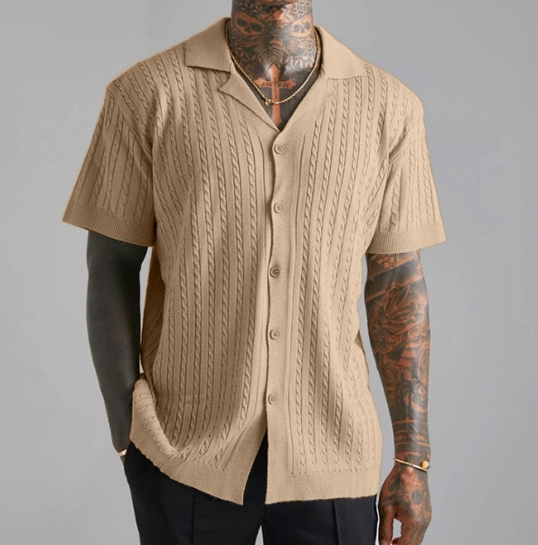 Men’s Cable Knit Short Sleeve Button Up Shirt – Lightweight Summer Knitwear