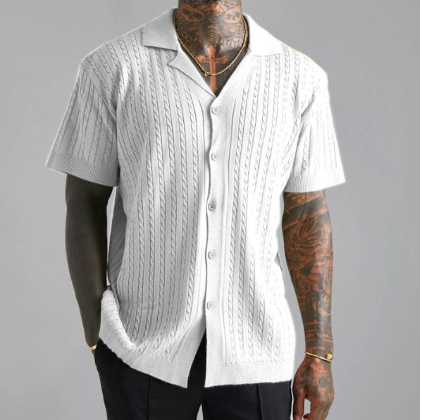 Men’s Cable Knit Short Sleeve Button Up Shirt – Lightweight Summer Knitwear