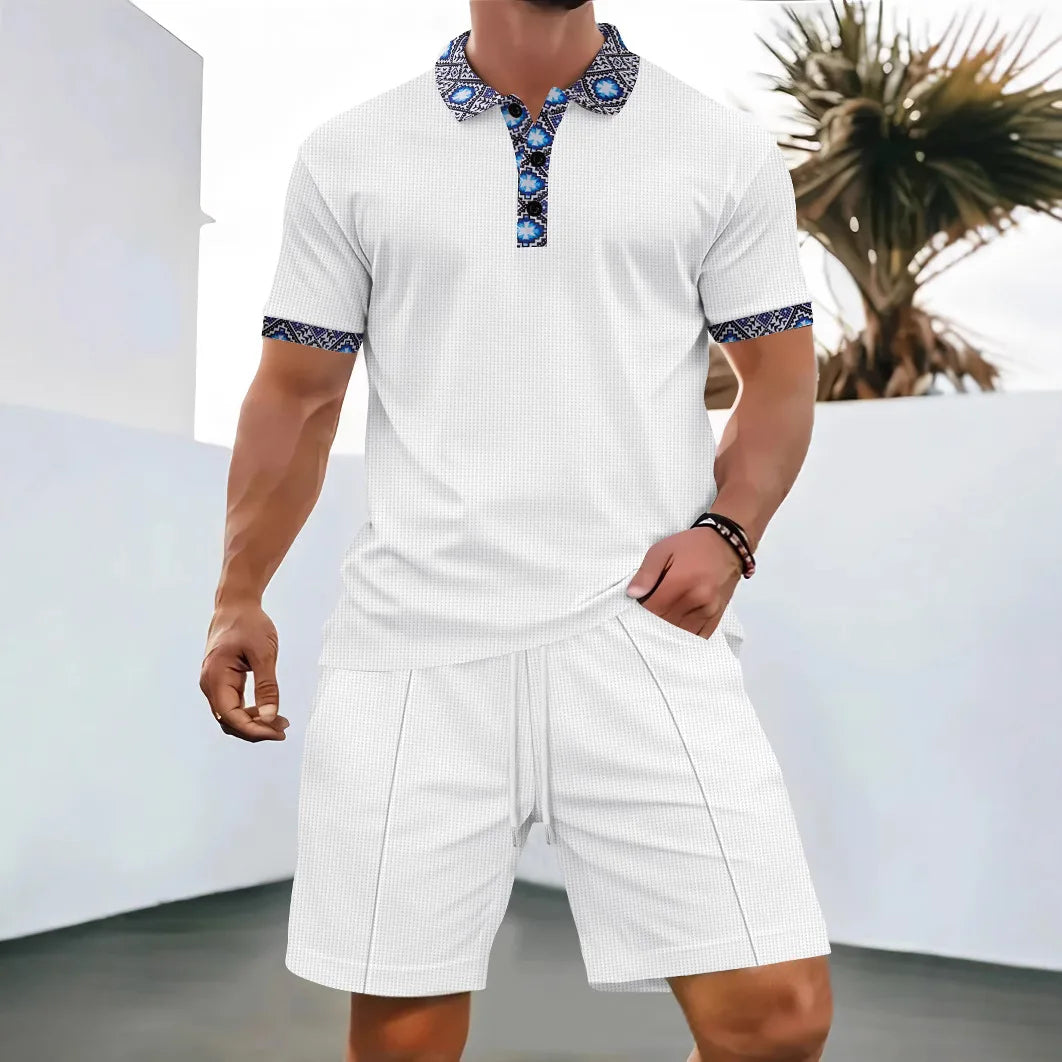 Men’s Printed Collar Polo and Shorts Set – Casual Summer Outfit